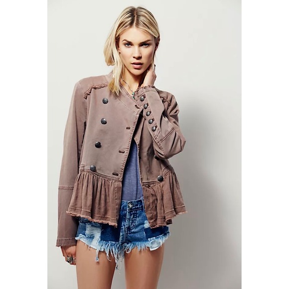 Free People Jackets & Blazers - Free People Military Inspired Ruffle Jacket Button Front Distressed Brown Size M